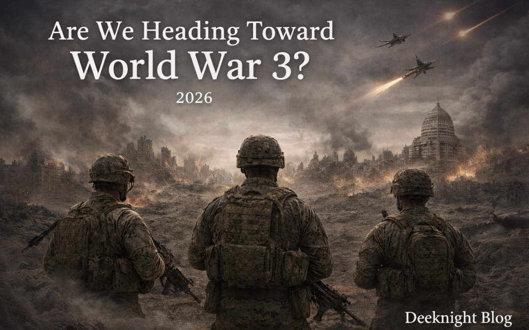 Globe with military aircraft, missiles and question marks – symbolizing the question “Are We Heading Toward World War 3 in 2026