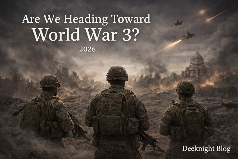 Globe with military aircraft, missiles and question marks – symbolizing the question “Are We Heading Toward World War 3 in 2026