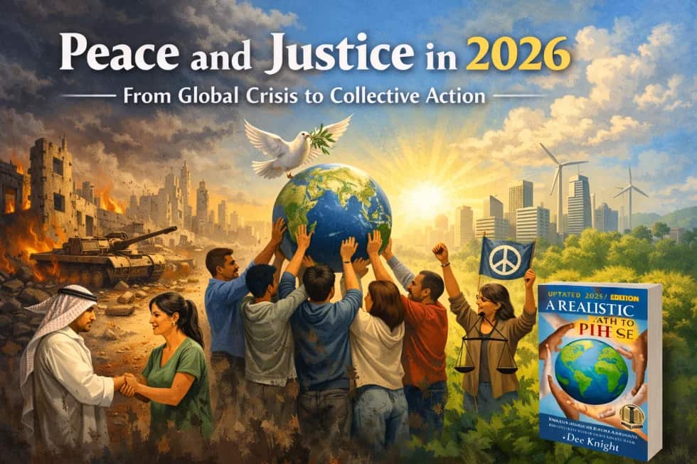 Diverse people raising a globe for peace, with Dee Knight’s book A Realistic Path to Peace featured on the right.