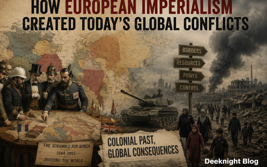 How European Imperialism Created Today’s Global Conflicts editorial collage showing colonial era maps and modern geopolitical conflict scenes