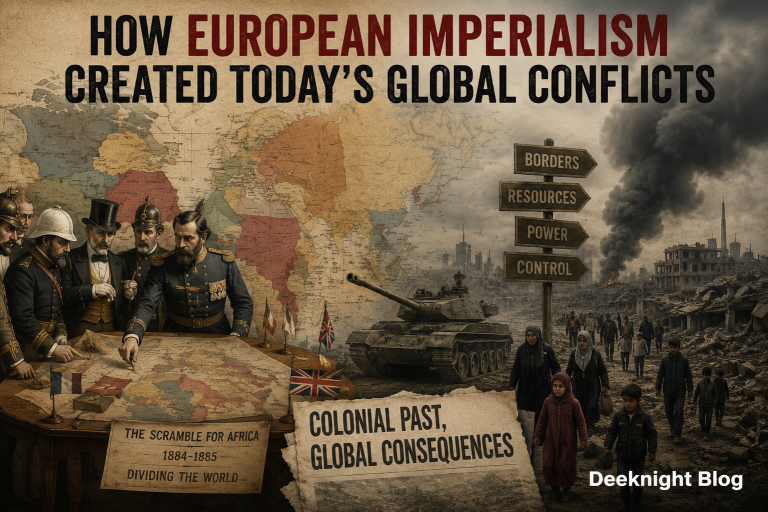 How European Imperialism Created Today’s Global Conflicts editorial collage showing colonial era maps and modern geopolitical conflict scenes