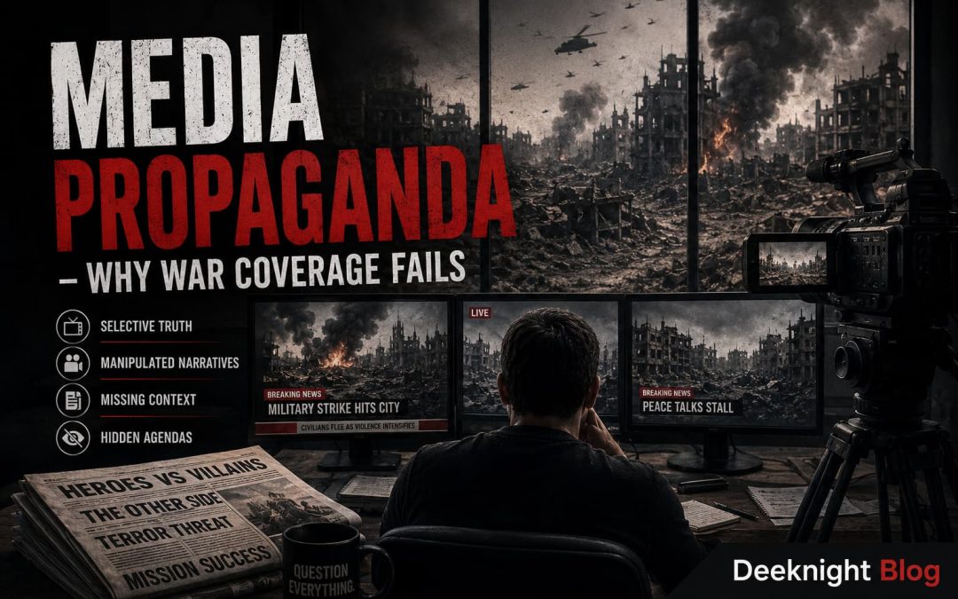 Media propaganda showing biased war coverage and news manipulation