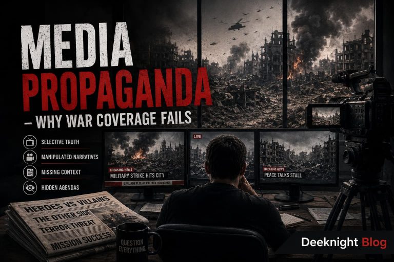 Media propaganda showing biased war coverage and news manipulation