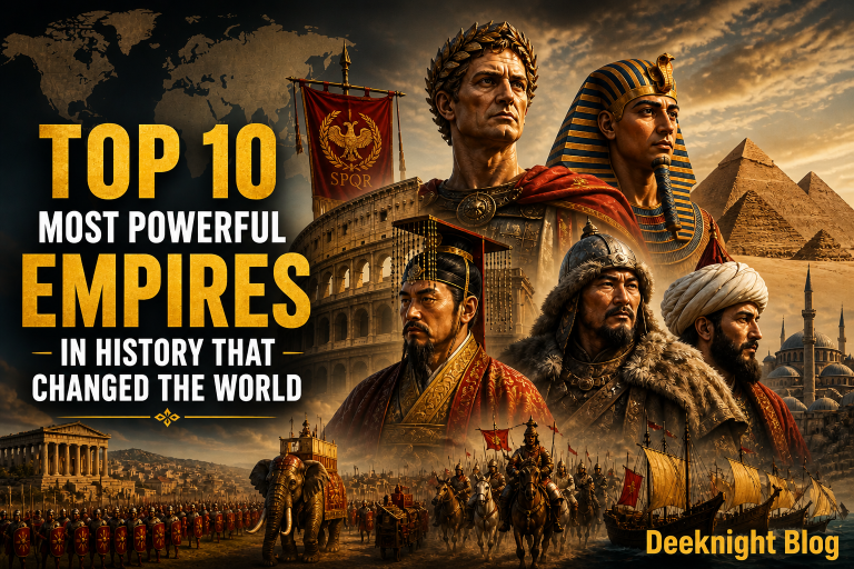 Top powerful historical empires including Rome, Egypt and Mongol Empire scenes representing world-changing civilizations